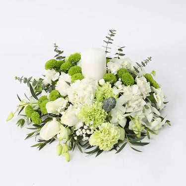 Banquet Elegance, White Carnation Floral Table Arrangement, Hydrangea, White Roses, Green Carnations, White Orchids, Green Button Chrysanthemums, Parvifolia, Eucalyptus, Gypso, White Candle, Plastic Tray, Centertable Arrangement